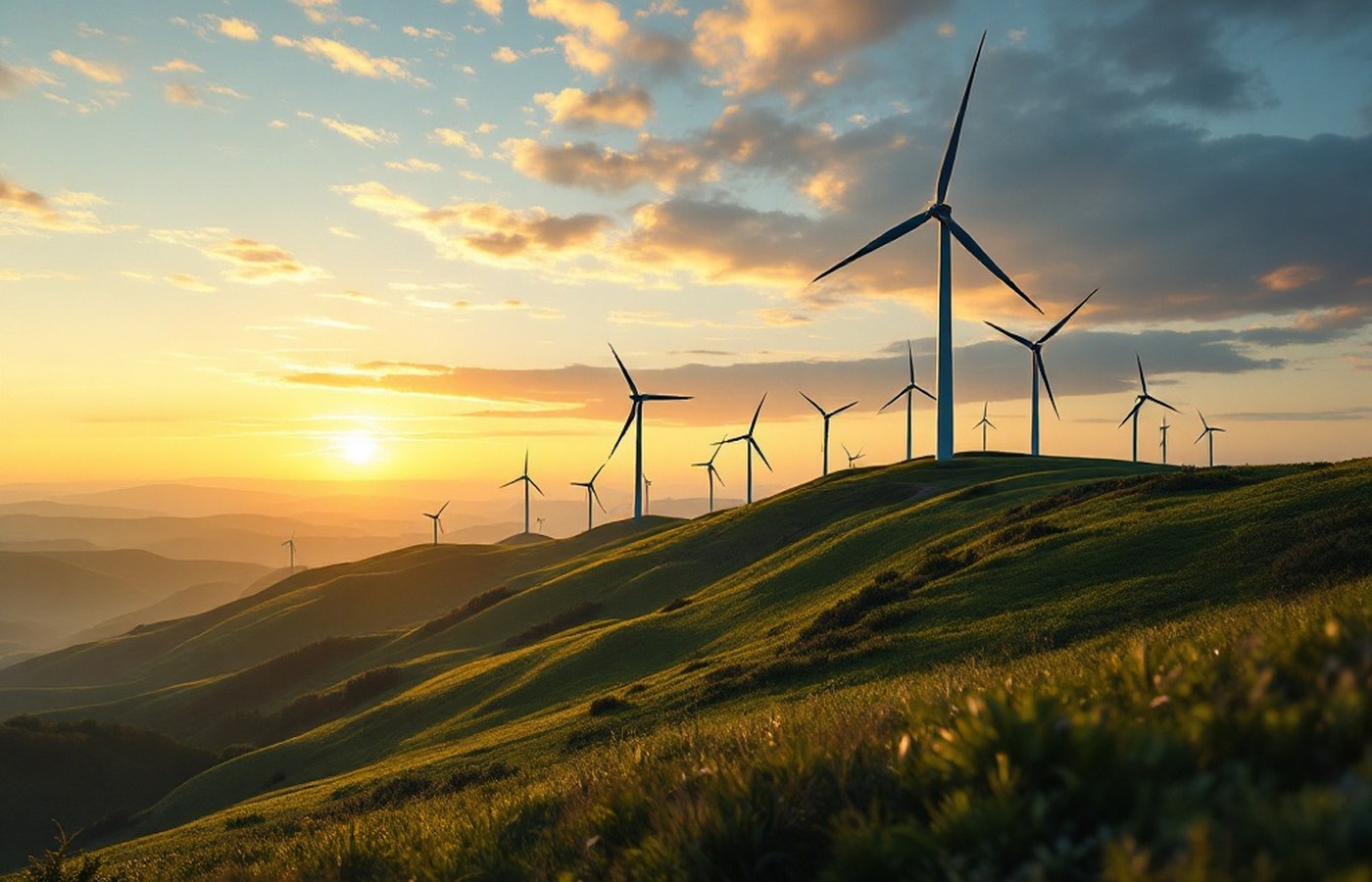 Wind turbines on a ridge at dawn